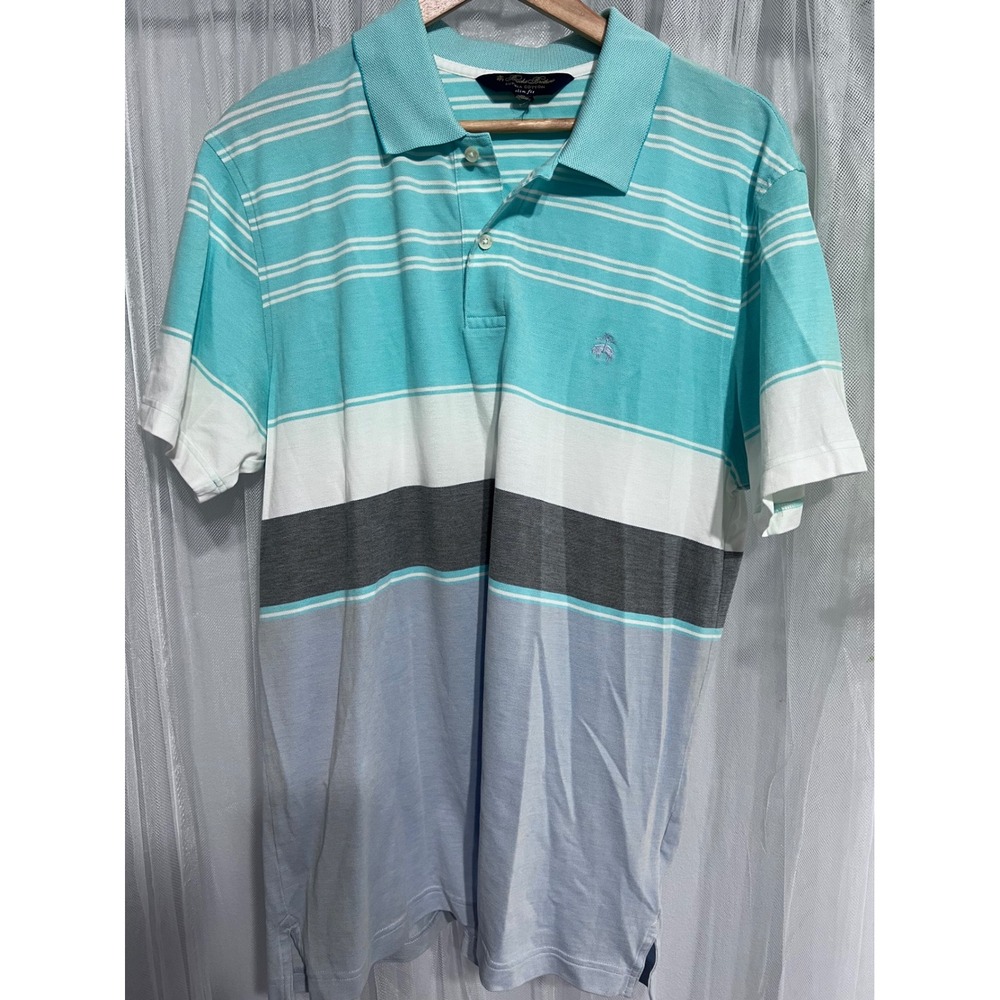 Brooks Brothers Mens XL Slim Fit Supima Cotton Striped Polo Shirt Teal Blue